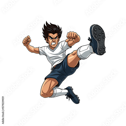 A fierce young soccer player leaps, delivering a powerful, dynamic kick.