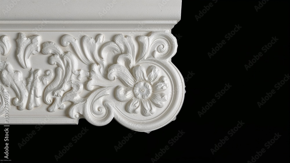 Naklejka premium Exquisite White Ornamental Molding with Acanthus Leaves on Black