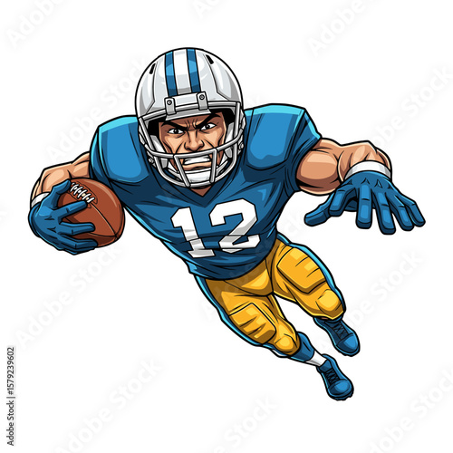 A determined football player, wearing a helmet, runs with the ball.
