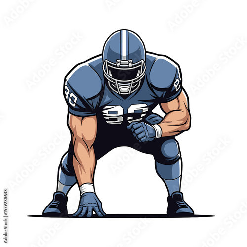 American football player in blue uniform, number 82, in a ready stance, isolated on white.