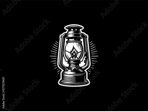 Vintage kerosene lamp vector logo with glowing flame for antique shops or historical museums