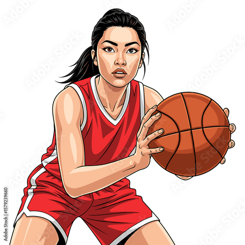 A female basketball player holding the ball, ready to play.