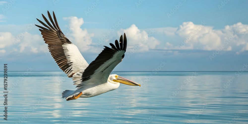 Obraz premium Pelican gliding low above calm ocean water