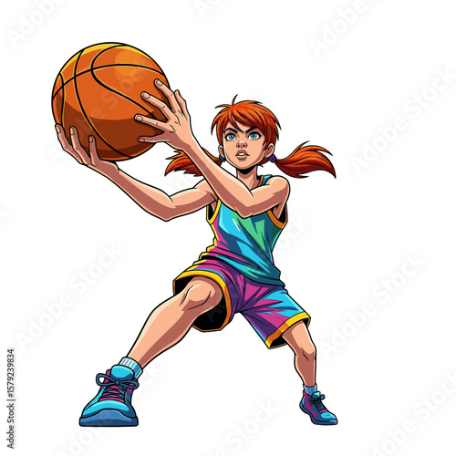 A determined young female basketball player prepares to shoot, showcasing dynamic pose and vibrant attire.