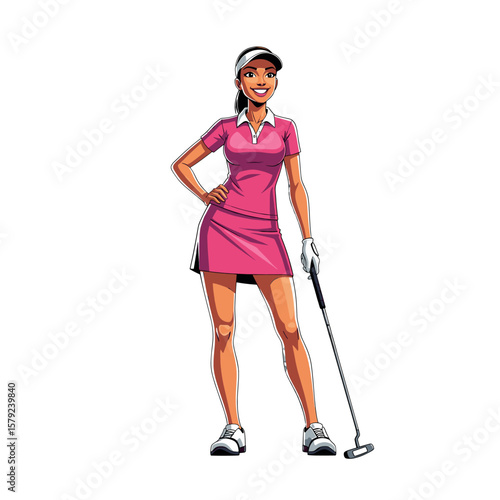 Cartoon illustration of a female golfer in a pink uniform, poised with a golf club.
