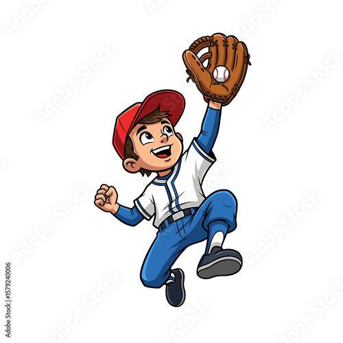 Joyful young baseball player leaping to catch a ball.
