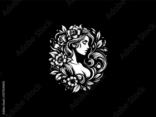 Elegant floral goddess vector logo with blooming flower wreath for beauty salons or cosmetic brands