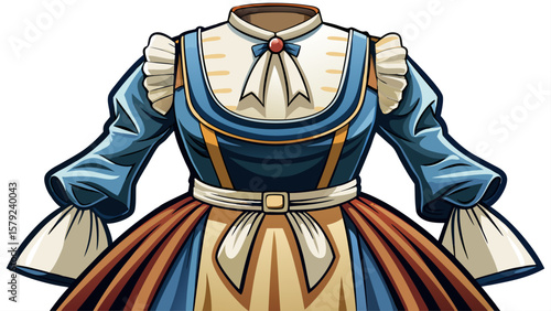 The Pennsylvania Dutch dress features a dark fitted bodice, full apron, and white bonnet, symbolizing modesty and community life, designed for charming folk-style vector interpretation.