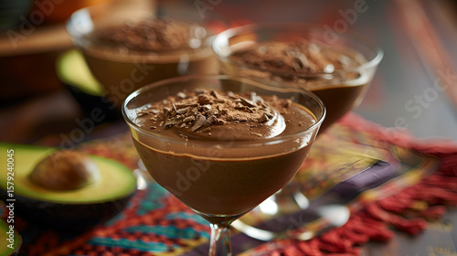 Close up of chocolate avocado mousse in glasses with chocolate shavings on a colorful background .