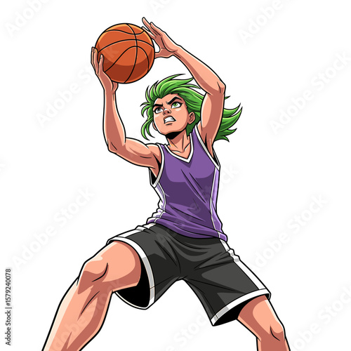 Animated female basketball player in mid-air shot.