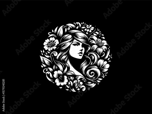 Elegant floral goddess vector logo with blooming flower wreath for beauty salons or cosmetic brands