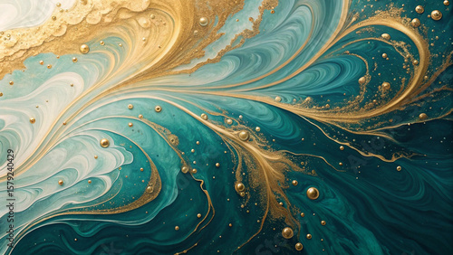 Ethereal swirls of turquoise and gold create an elegant abstract backdrop with flowing textures, ideal for luxury design projects.