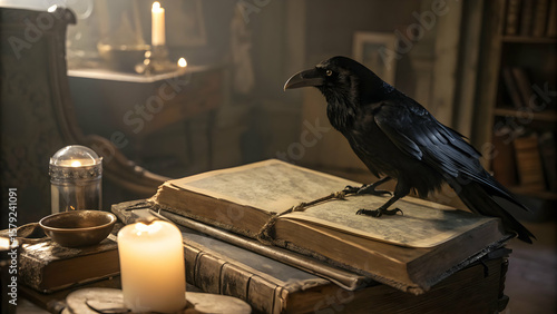 Raven on old book under warm candlelight