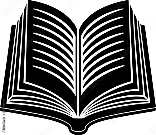 Open book with pages fanning out in a clean black and white silhouette