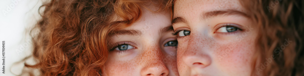Fototapeta premium Close-up Portrait of Two Individuals with Freckles and Red Curly Hair