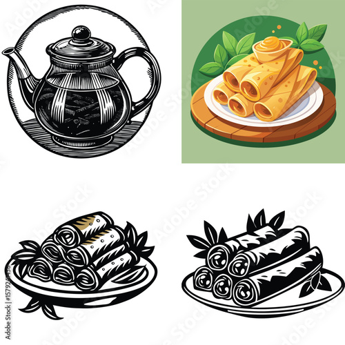 Artistic depictions of tea and rolled crepes with toppings