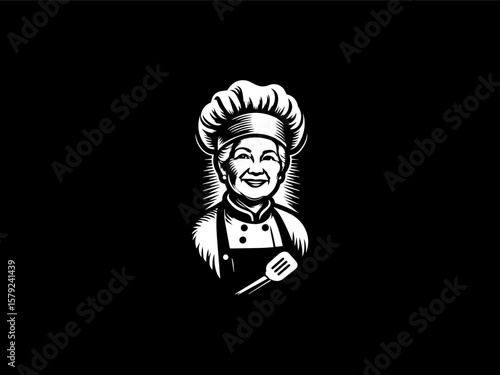Cartoon aunty chef with rolling pin vector logo for baking classes or recipe blogs