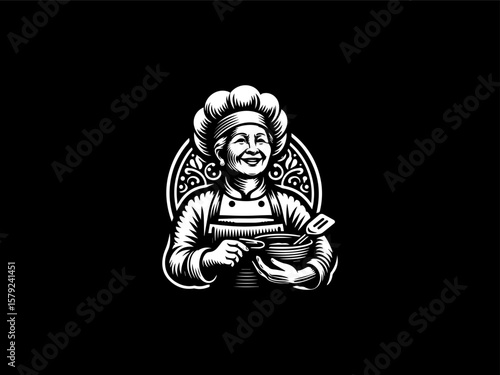 Cartoon aunty chef with rolling pin vector logo for baking classes or recipe blogs