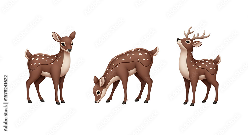 Obraz premium Three Cartoon Deer in Various Poses with Distinctive Spot Patterns.