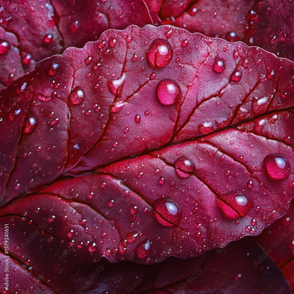 Fototapeta premium Close-Up of Red Leaves with Rain Drops on Natural Background