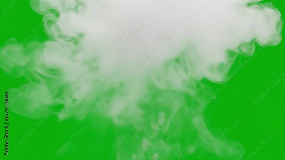 A stock image features a cloud of white smoke rising against a bright green background.