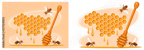 Honeycombs with honey, bees and honey spoon. Concept of honey production and sale, natural nutrition and healthy lifestyle. Advertising banner, label for honey trade. Vector illustration.