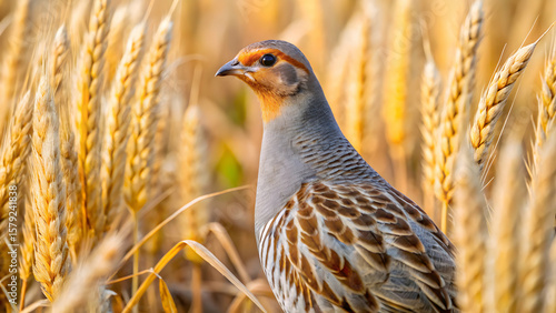 Gray partridge hiding in golden wheat field
