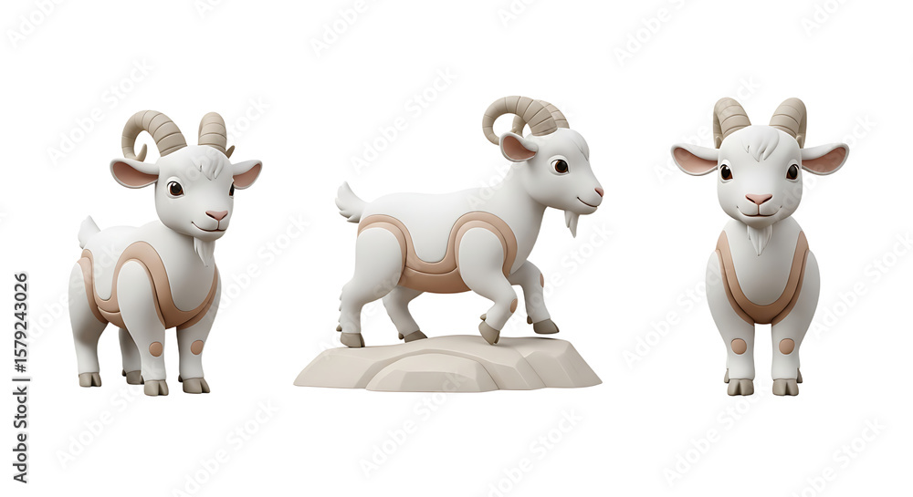 Naklejka premium Three Cute Cartoon Goats on Rocks Playful and Posing.