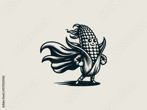 Adorable smiling corn superhero with cape vector logo for healthy kids' snack brands