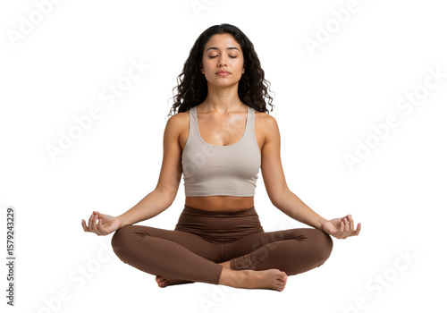 Woman meditating in lotus position, eyes closed, peaceful expression, casual yoga outfit, white background, PNG format