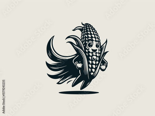 Adorable smiling corn superhero with cape vector logo for healthy kids' snack brands