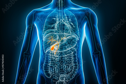 Foto X-ray anterior or front view of human gallbladder 3D rendering illustration with male body contours