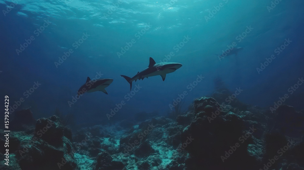 Fototapeta premium Underwater Realm: Majestic Sharks Glide Through the Deep Blue Sea with Grace