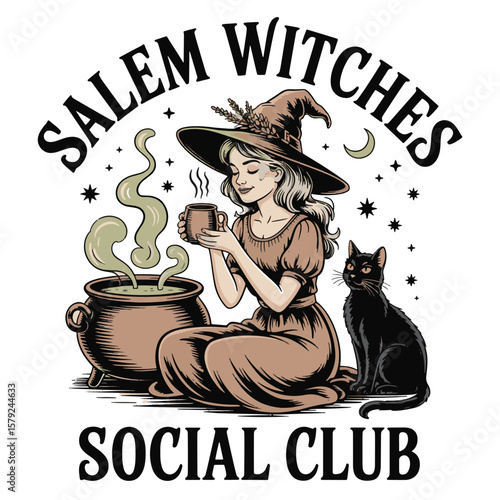 Vintage Witch Illustration with Cat and Cauldron – “Salem Witches” Occult Art Design