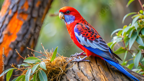 Crimson rosella on eucalyptus bark