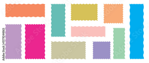 Set of frames with zigzag edge, scallop edge shape. Color rectangle frames with wiggly borders. Rectangle shape frame with zigzag edge. Torn paper, jagged rectangular shape box element set with zigzag