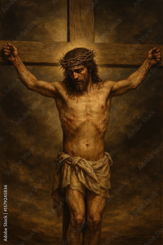 Fototapeta premium Jesus Christ Crucified, Wearing a Crown of Thorns, a Scene of Passion and Resurrection