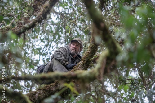 A weathered man with a beard and a cap sits in a moss covered tree looking upwards with a thoughtful expression surrounded by lush green foliage and dappled sunlight