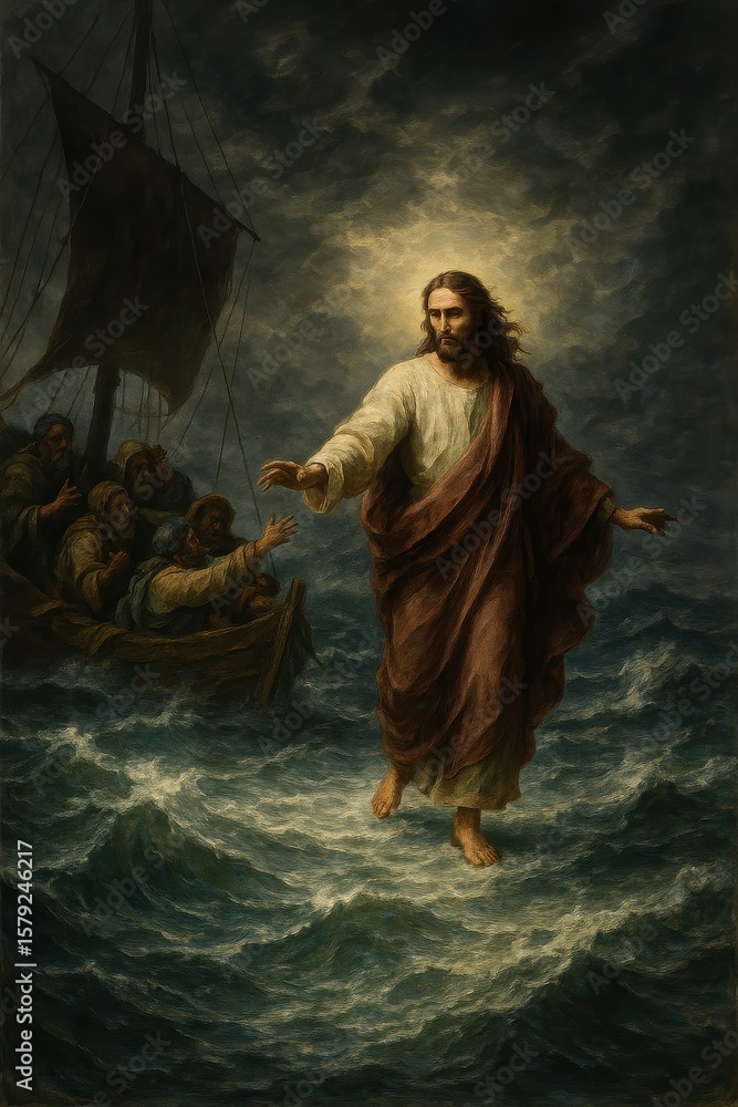 Fototapeta premium Jesus Christ Walking on Water, a Powerful Biblical Miracle