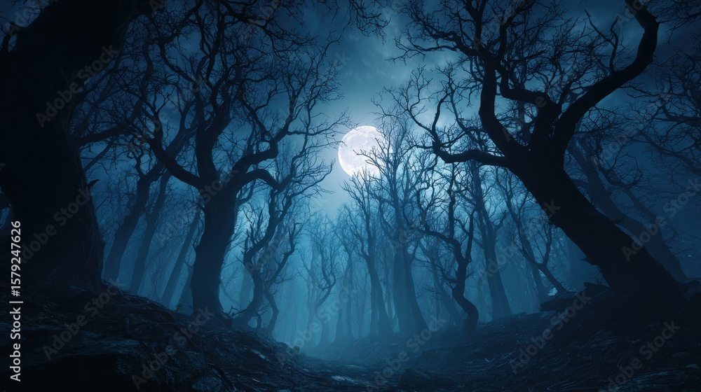 Naklejka premium High-quality photo of magical forest with scary crooked black trees and moon at night, dark spooky woods. Cinematic landscape in strange fairy tale world. Concept of fantasy.