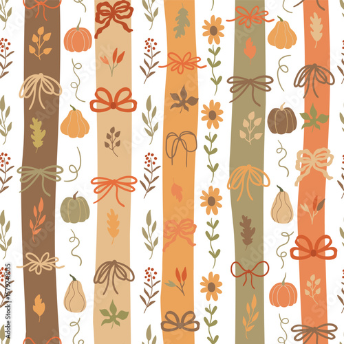 Fall pumpkin, flowers, cute coquette bows seamless pattern. . Vertical striped autumn repeat background with ribbons, leaves. Vector wallpaper, print, wrap paper, cute floral textile design, fabric.