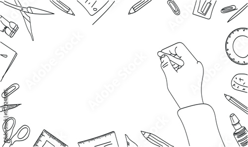 A hand drawing on a transparent background surrounded by various stationery items in a sketched style frame