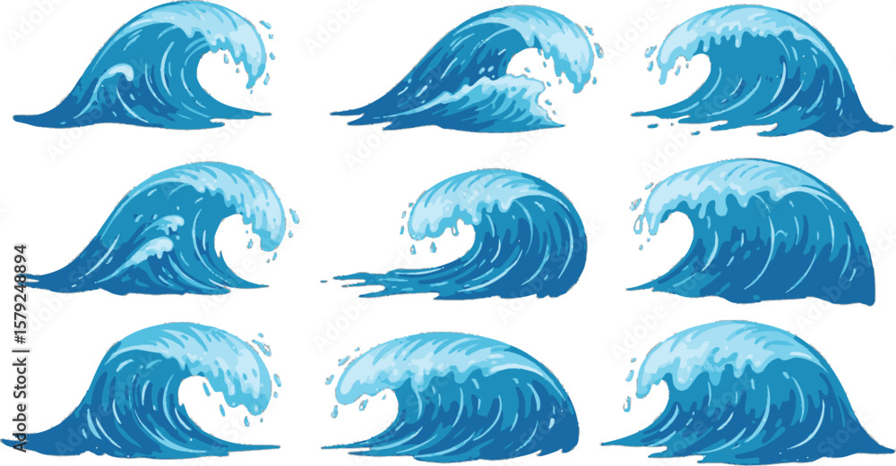 Fototapeta premium Vector art of cartoon illustration of ocean waves isolated on white background