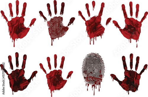 Vector art of collection of bloody handprints and a fingerprint isolated on white background