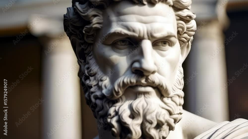 Marble bust of a serious, thoughtful man with curly hair and beard, rendered in a neoclassical style with soft, diffused light Marble bust of a serious, thoughtful man with curly hair and beard, rendered in a neoclassical style with soft, diffused light