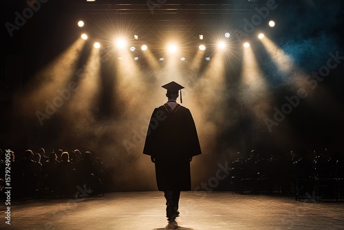 graduate walking across stage receiving diploma under bright lights