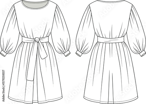 Women's White Dress with Voluminous Long Sleeves and Waist Tie Fashion Flat Sketch CAD Drawing Vector Illustration, Apparel Design