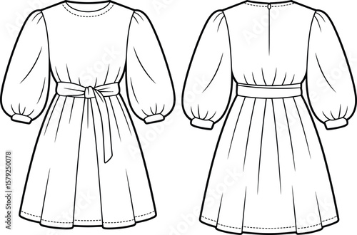 Women's White Dress with Voluminous Balloon Sleeves and Waist Belt Fashion Flat Sketch CAD Drawing Vector Illustration, Apparel Design