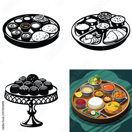 Diverse culinary arrangements featuring indian thali and sweet treats