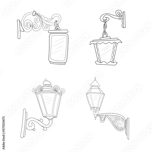 Set of vintage street lanterns. Set of images of street lamps with different decorative elements. Set of images on a white background. Set of city lamps in black and white. Decorative lamps. 